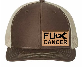 F Cancer Hat, Leather Patch Hat, Richardson 112 Trucker, Cancer Awareness Hat, Fighter Gift, Bold Trucker Hat, Cancer Support Cap