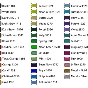 May include: A color chart displaying a variety of thread colors with corresponding names and numbers. Colors range from black and white to vibrant hues like neon green, turquoise, and pink. The chart includes metallic gold and silver threads.