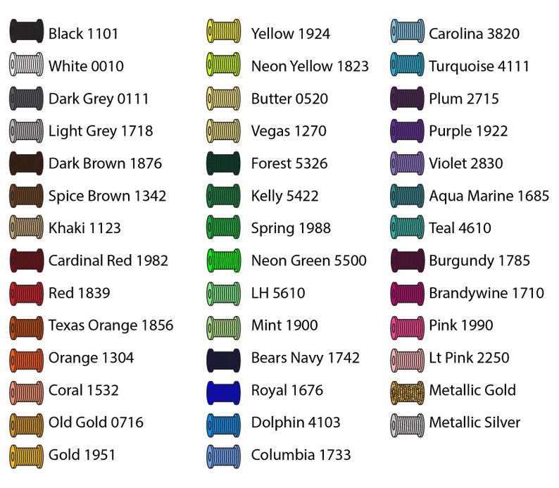 May include: A color chart displaying a variety of thread colors with corresponding names and numbers. Colors range from black and white to vibrant hues like neon green, turquoise, and pink. The chart includes metallic gold and silver threads.
