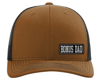Bonus Dad Hat, Custom Trucker Cap for Stepdad, Personalized Bonus Dad Gift, Father’s Day Gift, Custom Leather Patch Cap, Gifts for Him