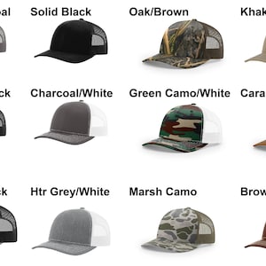 May include: Twelve different color combinations of a trucker hat with a mesh back. The hats are arranged in a grid of four rows and three columns. The hats are all the same style, but they have different colors and patterns. The colors include black, charcoal, white, brown, khaki, green, and camo.