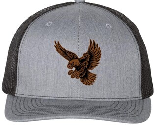Flying Eagle Leather Patch Hat, Patriotic Eagle Trucker Hat, Freedom Wildlife Cap, Leather Patch Hat, Gifts for Him