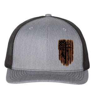 May include: A gray and black trucker hat with a brown leather patch featuring a silhouette of a lineman climbing a utility pole in front of an American flag.