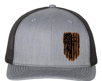 Lineman American Flag Leather Patch Hat, Utility Worker Trucker Hat, Lineman Gift, Patriotic Leather Patch Cap, Gifts for Him
