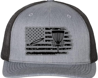 Disc Golf with American Flag Hat, Custom Leather Patch Cap, Patriotic Disc Golf Hat, USA Disc Golf Cap