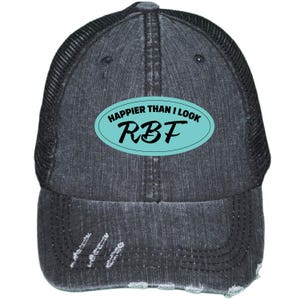 May include: Black denim trucker hat with a turquoise oval patch that says "Happier Than I Look RBF".