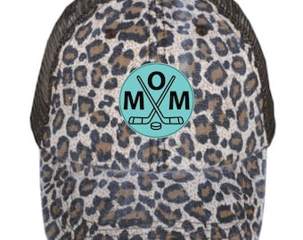 Mom's Hockey Ponytail Hat, Custom Leather Patch Cap, Personalized Hockey Mom Hat, Sports Mom Trucker Hat, Gift for Hockey Moms