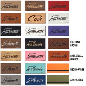 May include: A collage of 12 different colors of laserable leatherette material samples. Each sample has the text "Laserable Leatherette" printed on it. The colors include light brown, cork, white, purple, black, pink, teal, gray, blue, orange, neon orange, and army green.