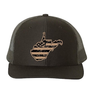 May include: A black and brown trucker hat with a distressed American flag design in the shape of the state of West Virginia.