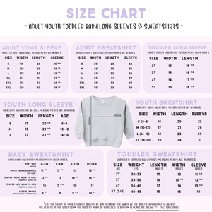The image is a size chart for long sleeves and sweatshirts, providing measurements and corresponding sizes for different age groups and gender.