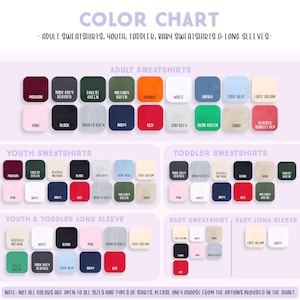 The image is a color chart that lists various types of adult and toddler sweatshirts, baby sweatshirts, and long sleeves in different colors.