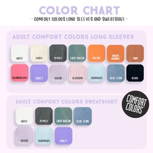 The image is a color chart that provides a visual guide for choosing comfortable colors for long sleeves and a sweatshirt. It includes a variety of colors, such as white, orange, green, and black, along with their corresponding names. The chart is designed to help individuals select the most suitable colors based on their preferences and comfort levels.