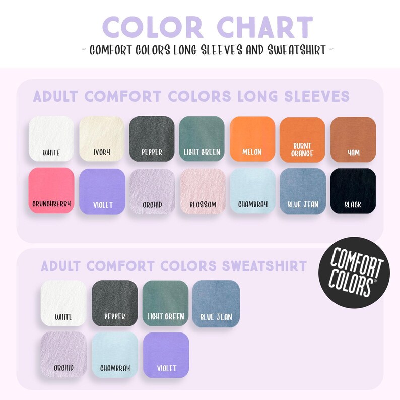 The image is a color chart that provides a visual guide for choosing comfortable colors for long sleeves and a sweatshirt. It includes a variety of colors, such as white, orange, green, and black, along with their corresponding names. The chart is designed to help individuals select the most suitable colors based on their preferences and comfort levels.
