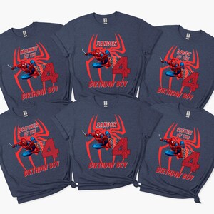 A collection of six t-shirts with a Spider-Man design and the number 4 printed on them.