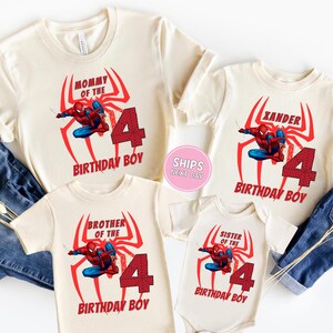 four white t-shirts with red Spider-Man designs and the text "Xander's Birthday Boy" printed on them.