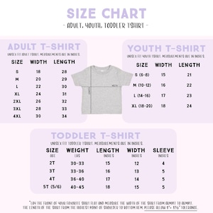The image is a size chart for adult, youth, and toddler t-shirts. It provides measurements and corresponding shirt sizes for different age groups, including a separate chart for children's t-shirts. The chart includes a section for a toddler t-shirt, which is smaller than the adult and youth t-shirts. The chart provides guidelines for the width and length of the t-shirts, as well as the measurements for each age group.
