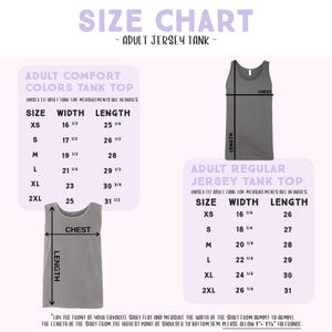 The image is a size chart for an adult jersey tank top, providing measurements and corresponding tank top tops in different sizes.