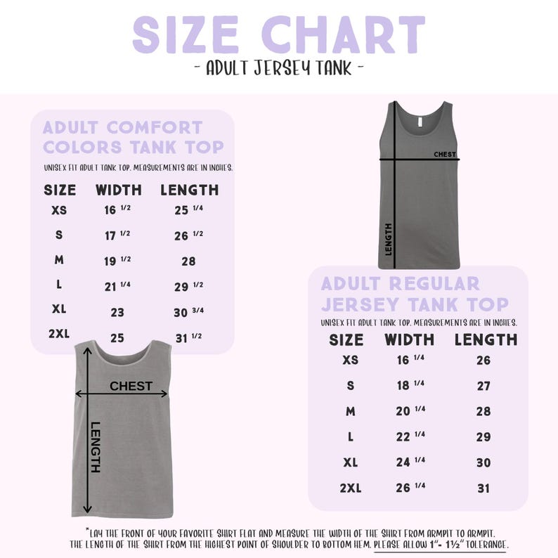 The image is a size chart for an adult jersey tank top, providing measurements and corresponding tank top tops in different sizes.