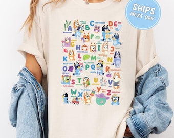 Blue Dog Alphabet Tee for Kids Blue Characters and Alphabet Shirt for Girls and Boys Blue Dog School Shirt for Kids Blue Animation Tee