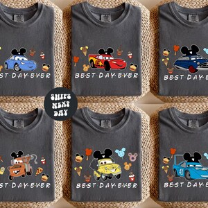 The image is a collage of six t-shirts, each featuring a different cartoon car character and the text "BEST DAY EVER". The characters include Mickey Mouse, Donald Duck, Goofy, and Spongebob Squarepants. The t-shirts are arranged in a grid pattern, with each t-shirt having the same design and text.