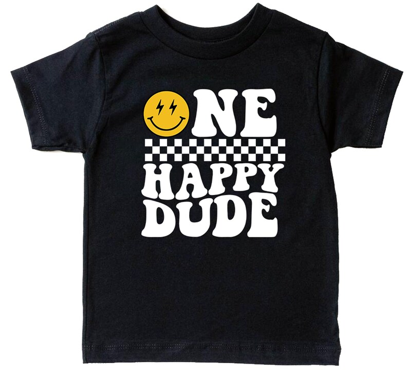 A black t-shirt with a yellow smiley face and the text "ONE HAPPY DUDE" printed on it.