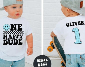 Camiseta de cumpleaños personalizada para niño Sudadera de cumpleaños "One Happy Dude" Camiseta de cumpleaños para niño Conjunto de fiesta de cumpleaños a cuadros retro y genial Regalo de cumpleaños