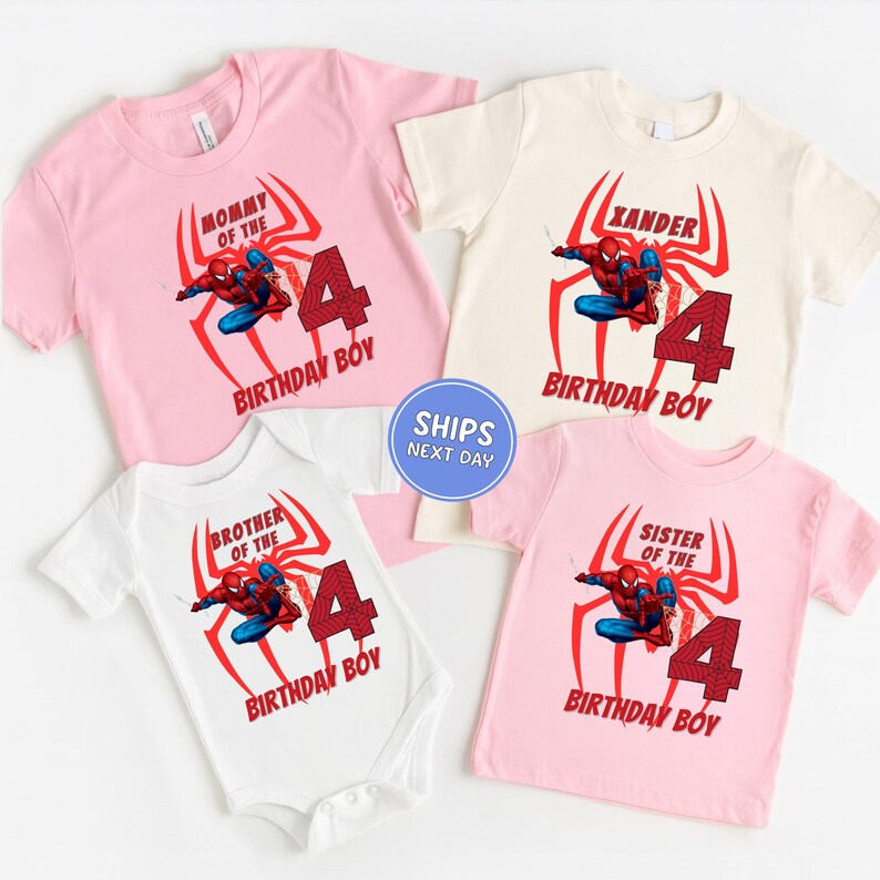 a collection of four birthday shirts, each with a different design and text. The shirts feature the character Spider-Man and the number 4, indicating they are birthday shirts for siblings.