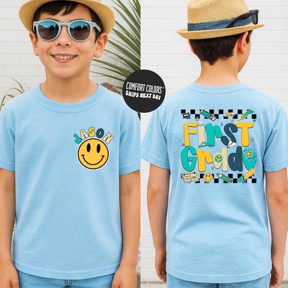 Custom Boys First Grade Shirt Back To School Shirt Smiley First Grade Kids Shirt School Personalized 1st Grade Shirt Gift Funny Toddler Te