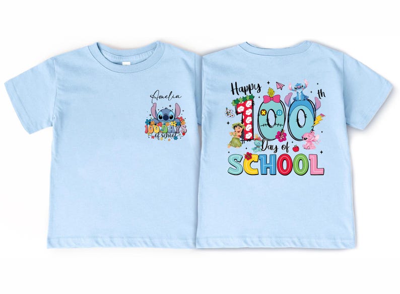 A light blue t-shirt with a colorful graphic design on the back, celebrating the 100th day of school.
