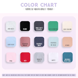 The image is a color chart for a toddler youth adult t-shirt, displaying various color options available in the chart.