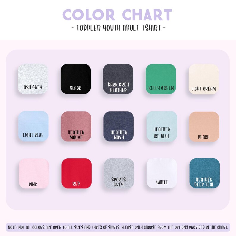 The image is a color chart for a toddler youth adult t-shirt, displaying various color options available in the chart.