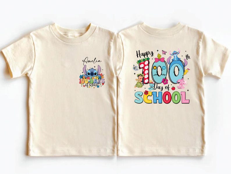 two white t-shirts with colorful designs and text related to a 100th day of school celebration.