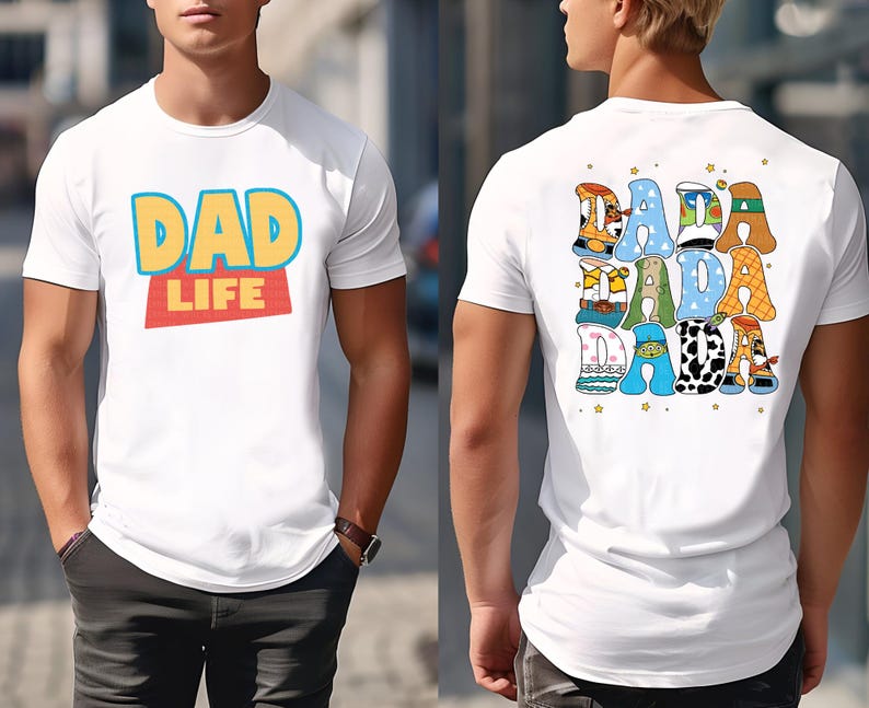 A man wearing a white t-shirt with a colorful graphic design on the back.