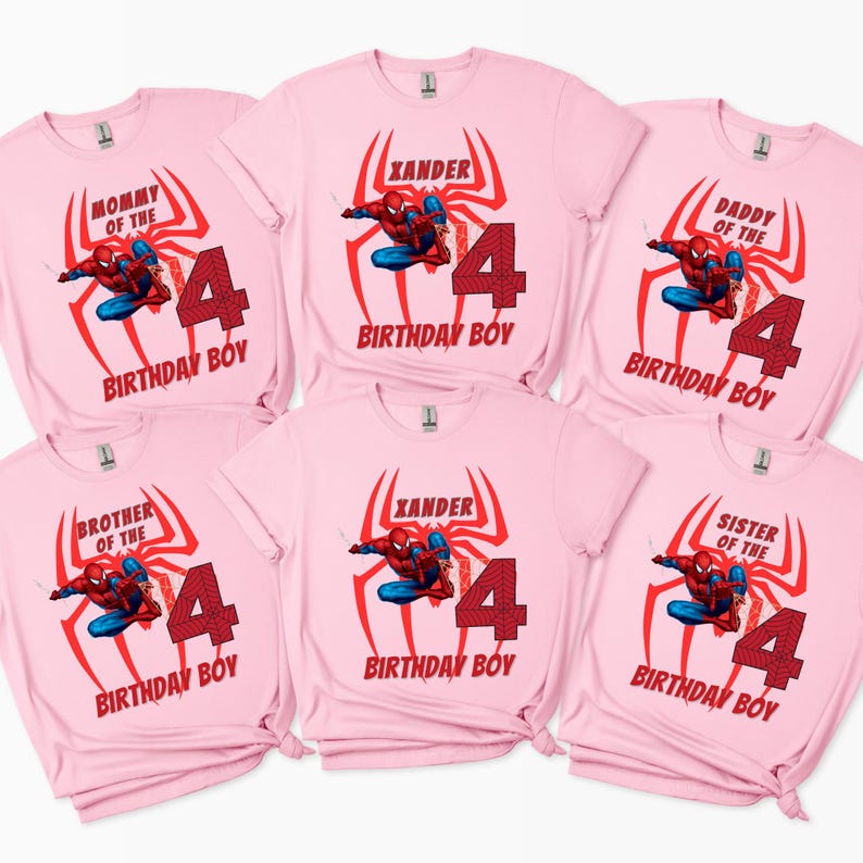 six pink t-shirts with the same design, featuring a Spider-Man character and the number 4.