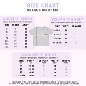 The image is a size chart for adult, youth, and toddler t-shirts. It provides measurements and corresponding shirt sizes for different age groups, including a separate chart for children's t-shirts. The chart includes a section for a toddler t-shirt, which is smaller than the adult and youth t-shirts. The chart provides guidelines for the width and length of the t-shirts, as well as the measurements for each age group.