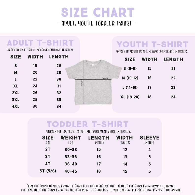The image is a size chart for adult, youth, and toddler t-shirts. It provides measurements and corresponding shirt sizes for different age groups, including a separate chart for children's t-shirts. The chart includes a section for a toddler t-shirt, which is smaller than the adult and youth t-shirts. The chart provides guidelines for the width and length of the t-shirts, as well as the measurements for each age group.