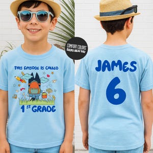 Custom Blue Dog First Grade Shirt Comfort Colors Personalized Back To School Shirt First Grade Boys Shirt Blue Dog School Toddler First Day