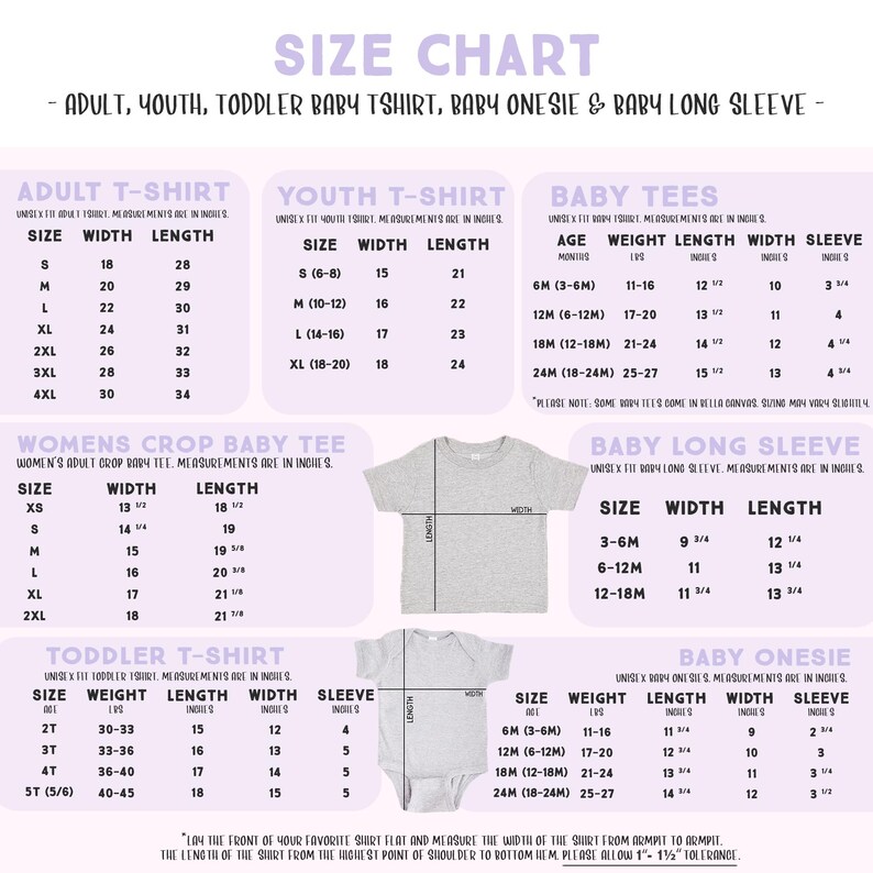 The image is a size chart for children's clothing, including a t-shirt, a long sleeve, and a baby onesie. The chart provides measurements and sizes for different age groups, such as infants, toddlers, and young children.
