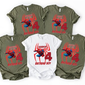 a collection of t-shirts with a Spiderman theme, featuring the number 4 and birthday boy text.