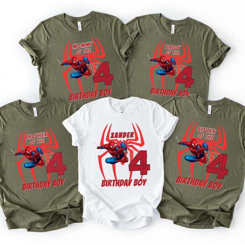 a collection of t-shirts with a Spiderman theme, featuring the number 4 and birthday boy text.