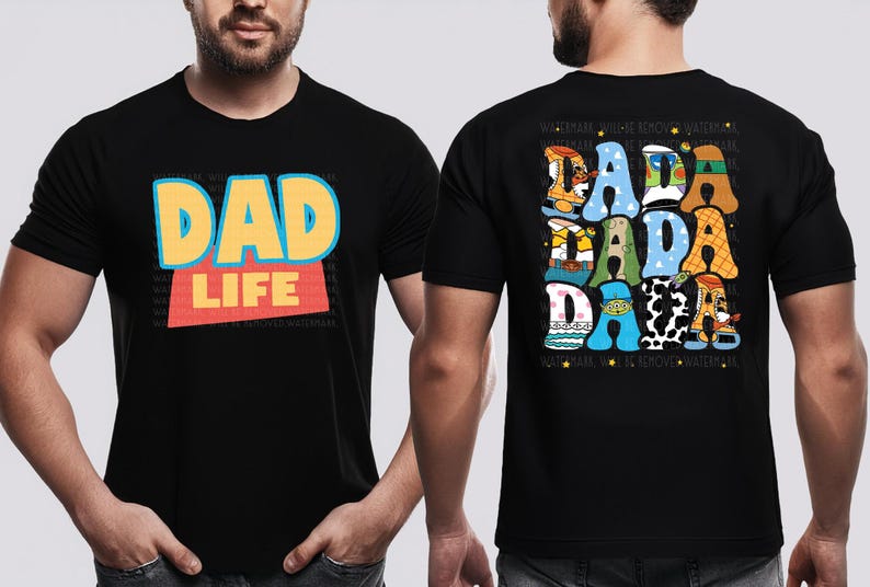 A man wearing a black t-shirt with a colorful graphic design on the front and back.