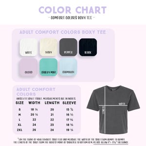 The image is a color chart for a comfortable t-shirt, providing a visual guide for selecting the appropriate size and color based on the user's age and preferred style.