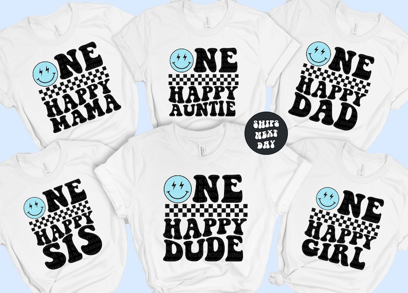 a group of tshirts that say one happy birthday