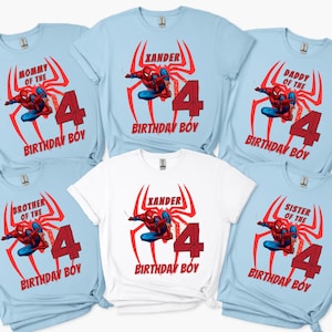 A collection of birthday t-shirts featuring the same Spider-Man design and the number 4, with different text and names printed on them.
