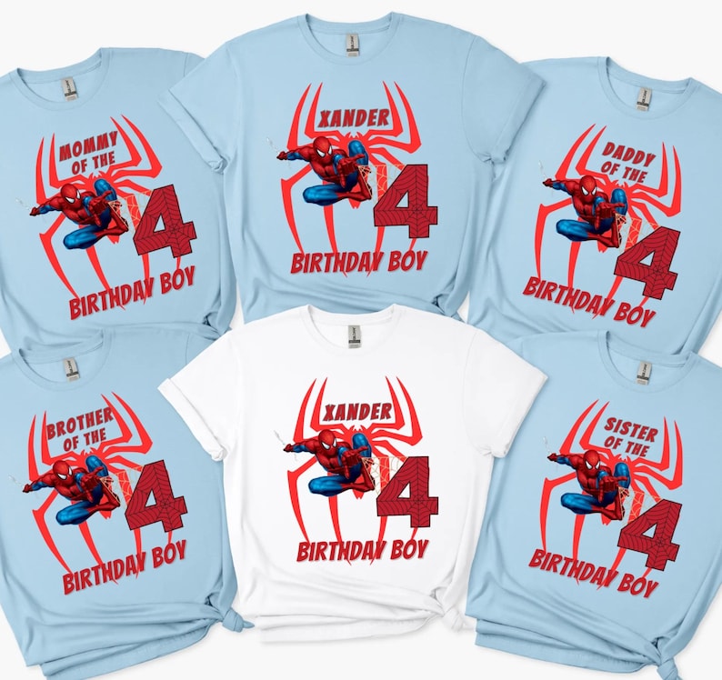 A collection of birthday t-shirts featuring the same Spider-Man design and the number 4, with different text and names printed on them.