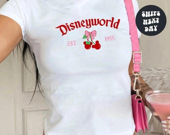 Disneyworld Coquette Cherry Baby Tee Fitted WDW Coquette Disneyworld Cherries Crop Top Girly Disney Baby Tee Disney Comfort Colors® Tank Top