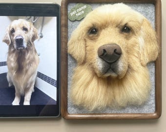Custom Needle Felted Pet Portrait: Wool Dog Memorial in Walnut Frame