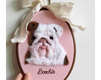 Custom Needle Felted Pet Portrait Hoop: Personalized Dog Name Art, Handmade Wool Felt Art, Pet Memorial Gift, Loss of Pet Keepsake