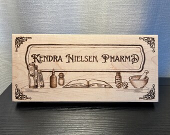 Woodburned Pharmacist Desk Name Plaque – Rustic Vintage Office Decor