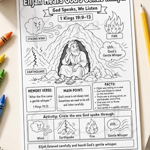 Op de afbeelding: Een zwart-wit printbaar activiteitenblad getiteld Elijah Hears God's Gentle Whisper. Het bevat een centrale illustratie van een persoon in een grot, omringd door iconen voor wind, vuur en aardbeving, met tekstvakken voor verzen en feiten.